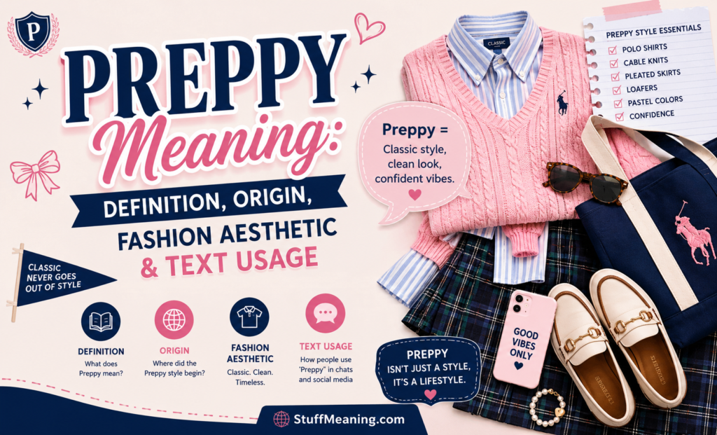 Preppy meaning explained with fashion aesthetic and text usage examples